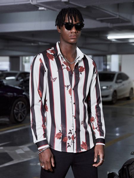 

men 1pc collared floral and striped shirt e71z#, White;black