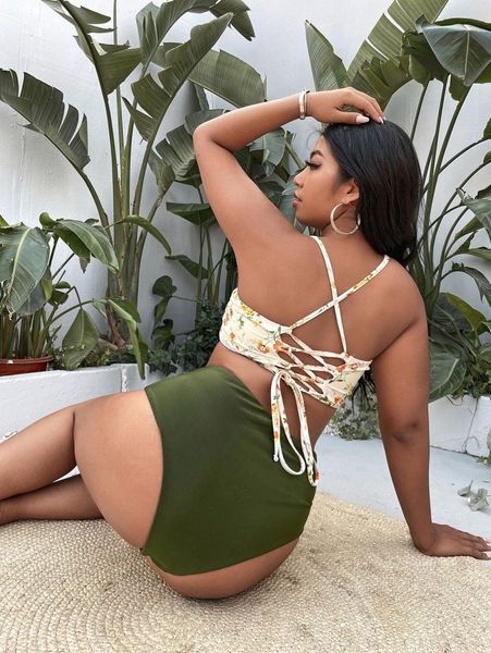 

plus floral ruched high waisted bikini swimsuit n8zu#, Black