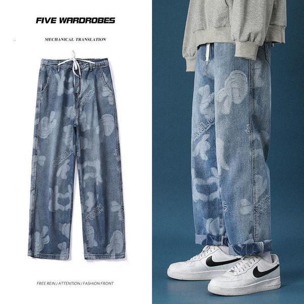 

men's jeans neploha casual oversize graphic printed woman denim pants 2021 korean streetwear male clothing hip hop, Blue