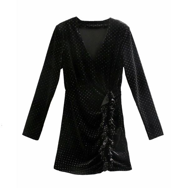 

2021 new vintage beading black velvet women winter sequin ruffle long sleeve mini party dresses ladies elegant dress gwgs, Black;gray