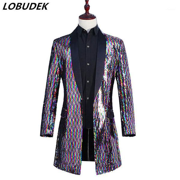 

men colorful sequins windbreaker long coat nightclub punk singer hip-hop dancer stage costume bar host prom performance blazer1, Tan;black