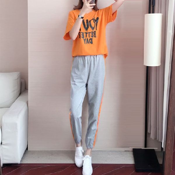 

ky3mk summer sports suit loose women's korean style 2020 new summer large size short sleeve running trousers and trousers leisure two-p, Gray