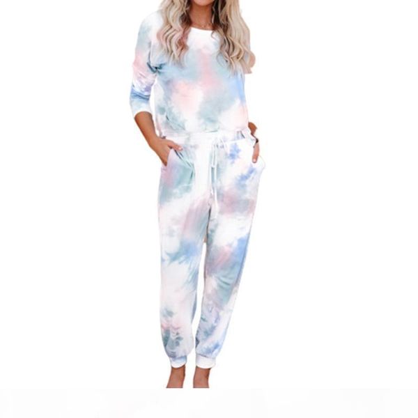 

women 2pcs set tie-dye sweatsuit set long sleeve pullover and drawstring sweatpants set for spring@88, White