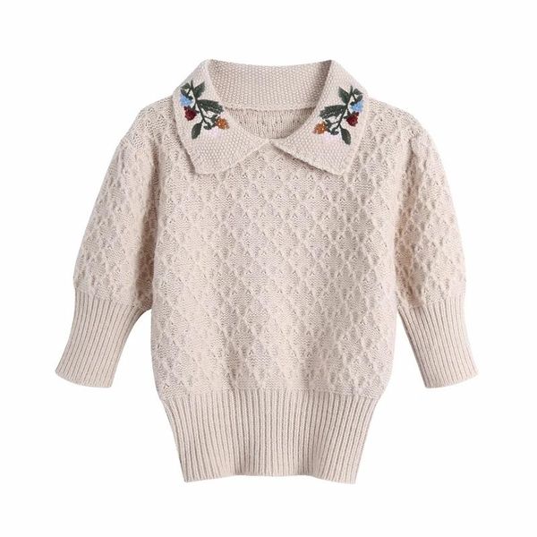 

women flower embroidery turndown collar knitting short sweater female half sleeve pullover casual lady loose sw1016, White;black