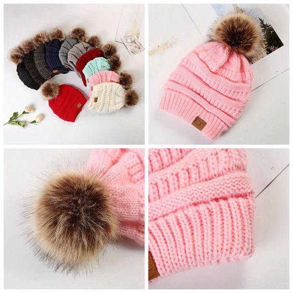 

large ball winter wool warm women knitted cc hat pom poms crochet beanie ski cap bobble fleece cable big kids hats 12colors, Yellow