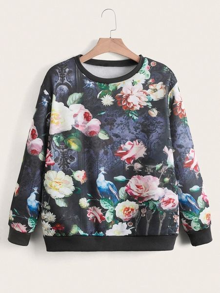

emery rose floral print thermal lined sweatshirt r5tr#, White;black