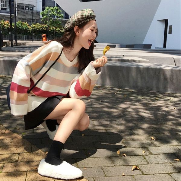 

vehjr 2020 new feixian contrast korean loose casual stripe autumn sweater bottoming sweatert-shirt korean 2020 new feixian autumn sweatertop, Gray