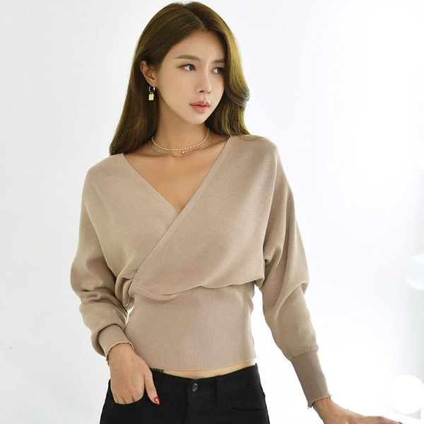 

new arrival backless cross v-neck sweaters for women,,autumn winter 2020 beige long sleeve undefined knit short coat mujer, White;black