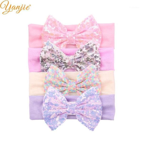 

2020 new arrival 5" sequin hair bows headband cotton solid elastic wholesale european hair accessories for girls1, Slivery;white