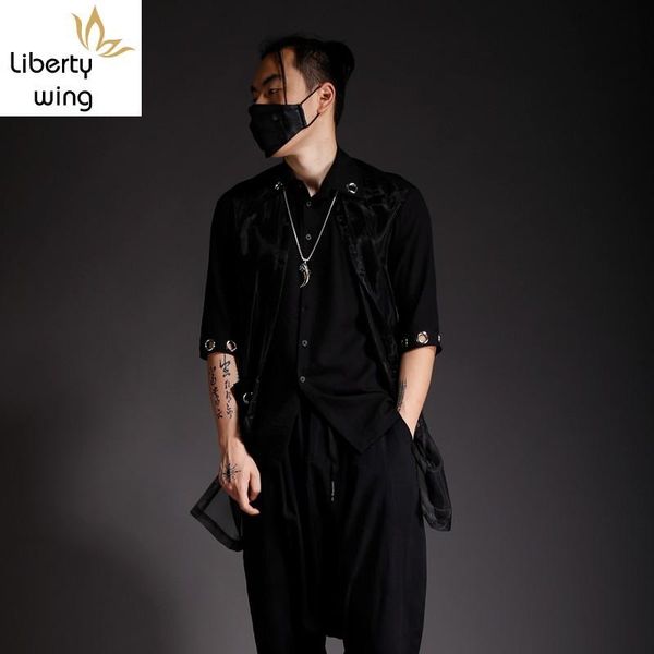 

men's casual shirts harajuku designer mens long shirt three quarter sleeve fake two piece male gothic black summer ring hollow out top, White;black