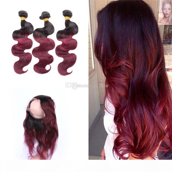 

ombre burgundy pre plucked 360 lace band frontal with hair bundles dark root 1b 99j body wave hair extension with 360 lace frontal, Black;brown