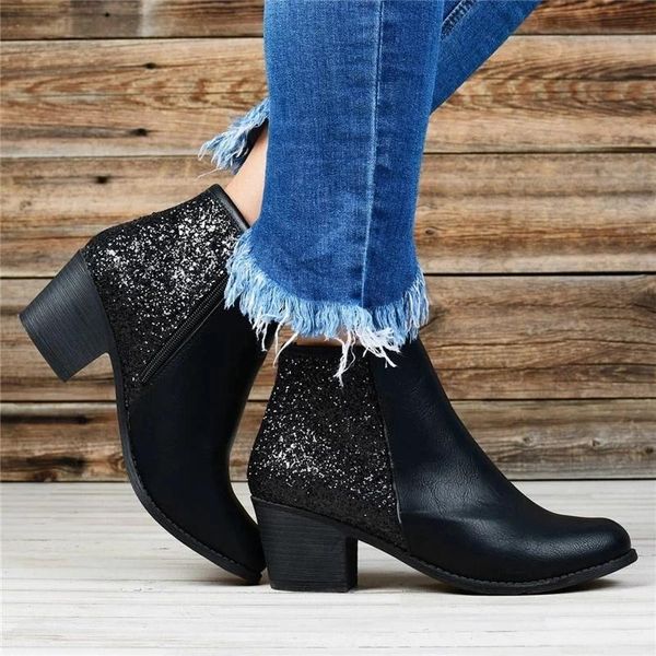 

boots vogue women winter nice ponited toe shoes zipper solid booties square heel single wedges outdoor warm, Black