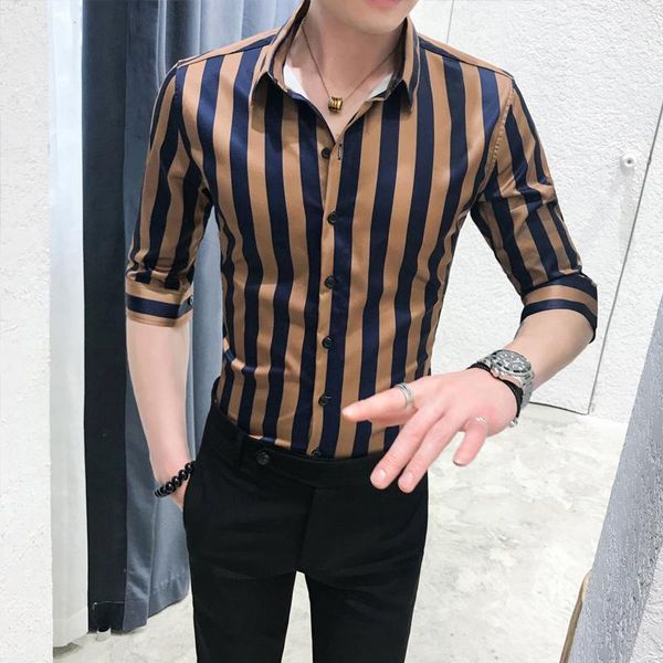 

brand new summer men dress shirt fashion 2020 half sleeve striped shirts for men slim fit business formal wear blouse 3xl-m1, White;black