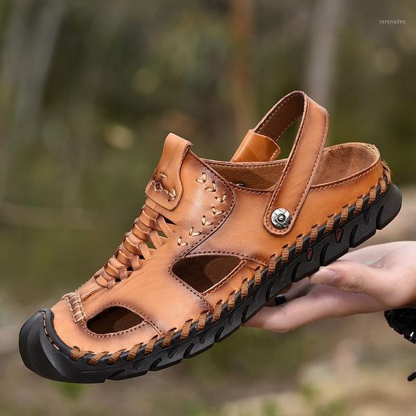 

summer leather sandals male fashion flat casual men shoes soft walking beach sandals male outdoor leather casual men shoes1, Black