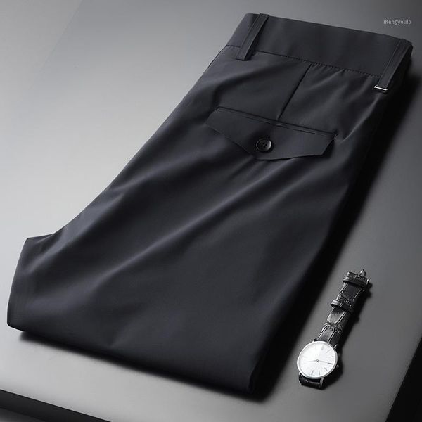 

minglu summer mens pants solid color smart casual male trousers slim fit suit man pants fashion casual1, Black