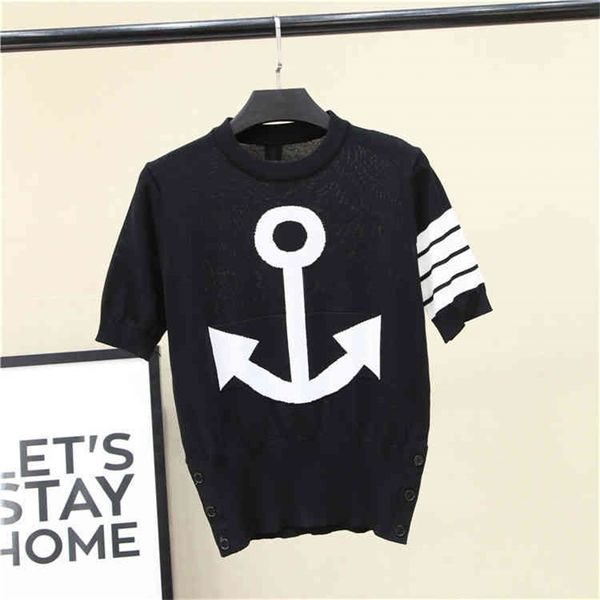 

summer new tb college wind boat anchor four bars ice silk short sleeved t-shirt net red round neck pullover sweater, White