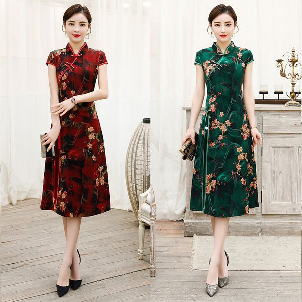 

chinese style low dress cheongsamcollar loose tassel xiangyun gauze aodai cheongsam dress a-line version of mother's cheongsam ridlb, Black;gray