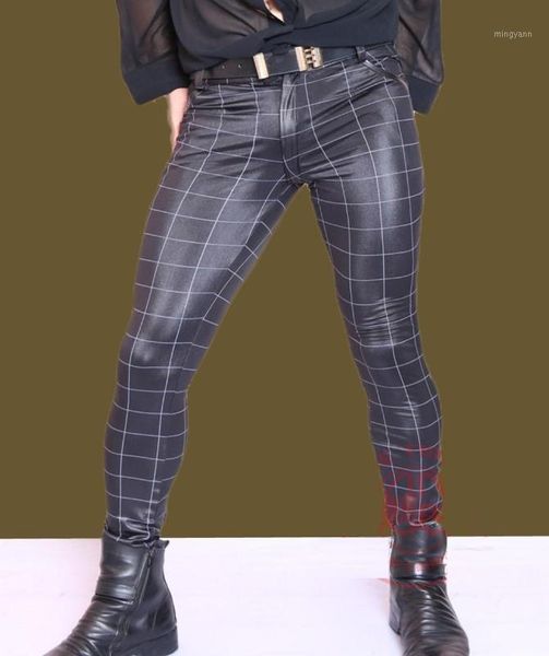 

men pants high elastic lycra plaid print check leggings slim casual1, Blue