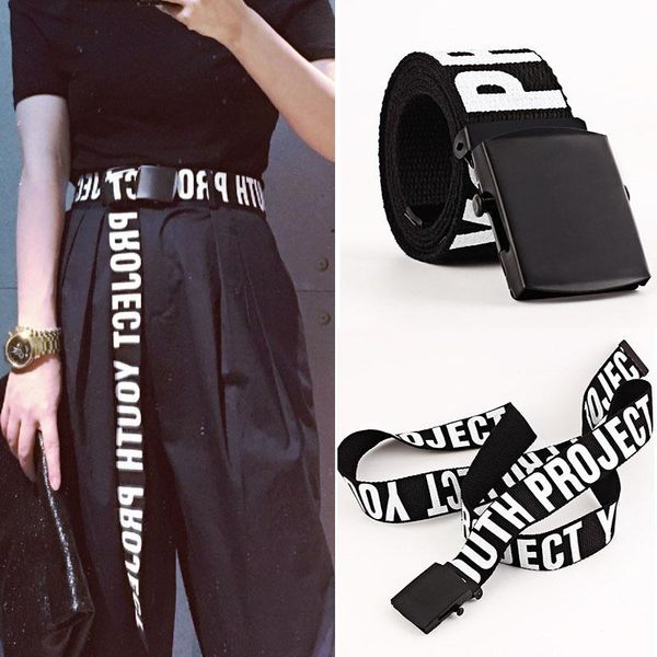 

canvas casual belts for women men letters printing automatic sliding buckle strap jeans trouser black female harajuku waistband, Black;brown