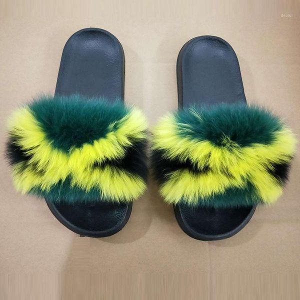

slippers 2021 women's fur real raccoon furry slipper slides cute ladies plush sandals flat fluffy shoes for women1, Black