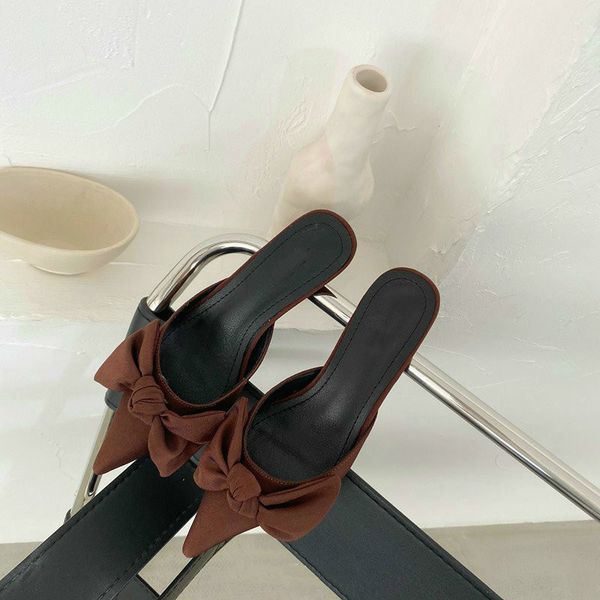 

2021 new half slippers women's shoes will see style pointed finger and fine little heel bow sandals l7o8, Black