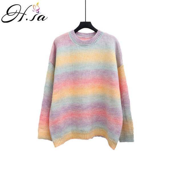 

h.sa autumn winter women rainbow sweater and pullovers oneck long loose style striped korean jumpers candy color oversized pull 201130, White;black