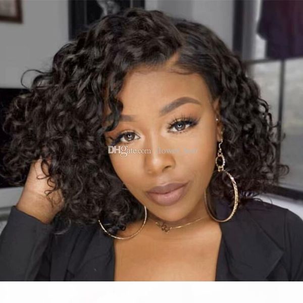 

silk brazilian human hair full lace wigs unprocessed short curly virgin hair silk based short bob lace front wigs for black women, Black;brown