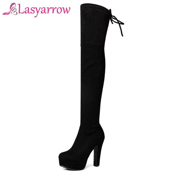 

lasyarrow 2020 autumn winter boots thigh high boots round platform toe the knee thick high heels suede long size 43, Black