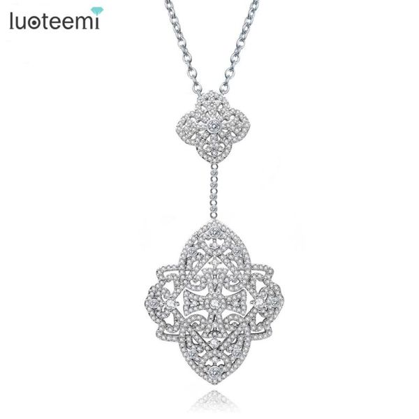 

pendant necklaces luoteemi luxurious fashion necklace micro paved shining tiny cz crystal double flower jewelry for women wedding, Silver