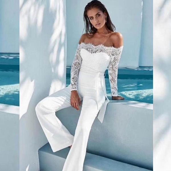 

elegant white long sleeve lace off the shoulder bandgae jumpsuit women fashion new 2019 solid celebrity night party1, Black;white