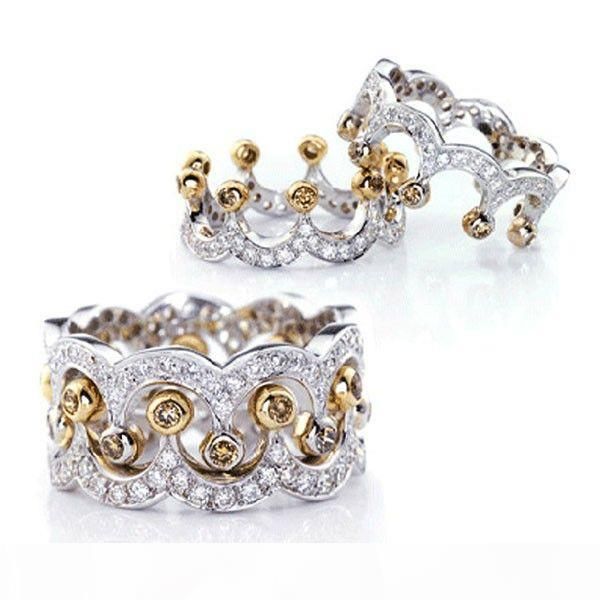 

2018 new arrival stunning luxury jewelry 2pcs 925 sterling silver gold 5a cubic zirconia diamond women wedding band bridal ring set gift, Slivery;golden