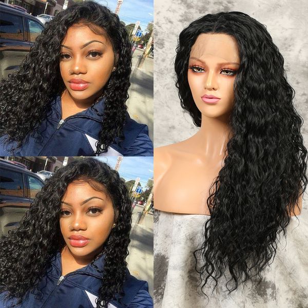 

black synthetic lace front wigs kinky curly long hair resistant glueless with natural hairline for women with baby hair, Black;brown