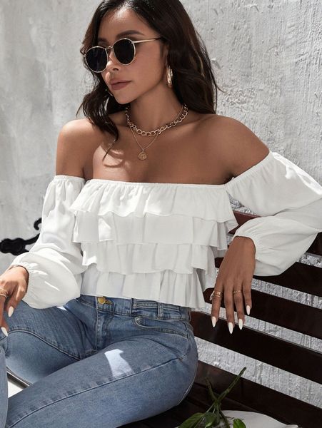 

off shoulder lantern sleeve layer hem blouse y8va#, White