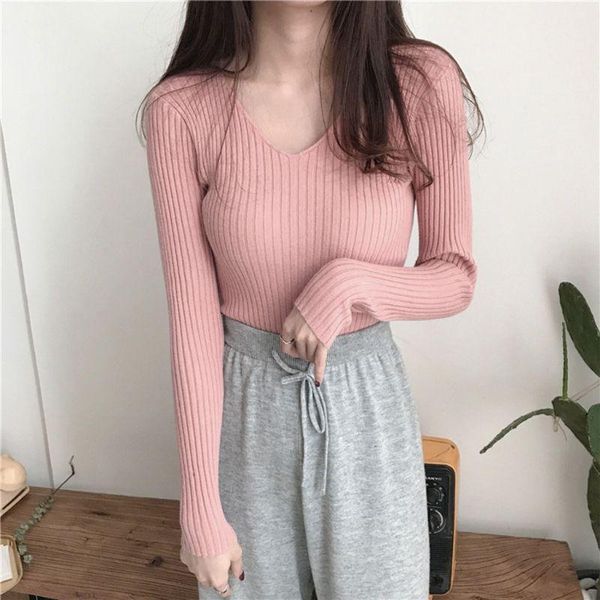 

women basic v-neck sweater solid color ribbed knit striped pullover jumper 1, White;black