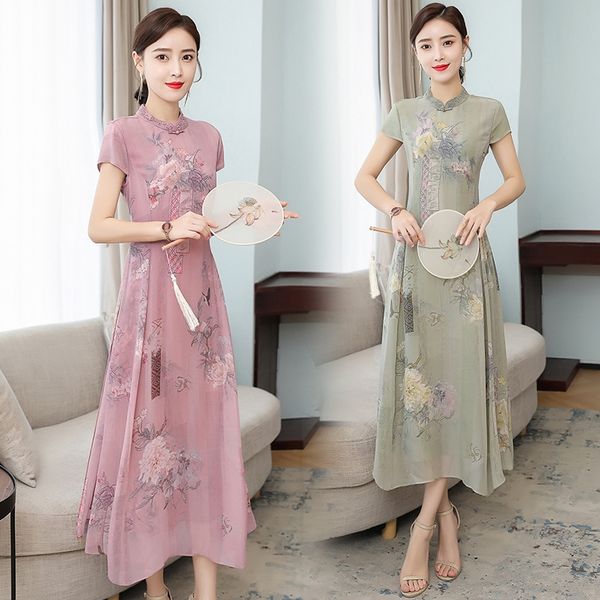 

китайский стиль длинные юбки cheongsam шелка шелковицы cheongsam улучшенная версия 2020 летом новый женский темперамент длинное платье tdppq, Black;gray