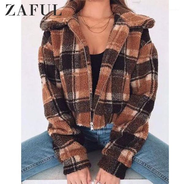 

zaful fleece faux fur plaid hoodies women zipper loose casual sweatshirts female thicken warm plush autumn winter jackets1, Black;brown