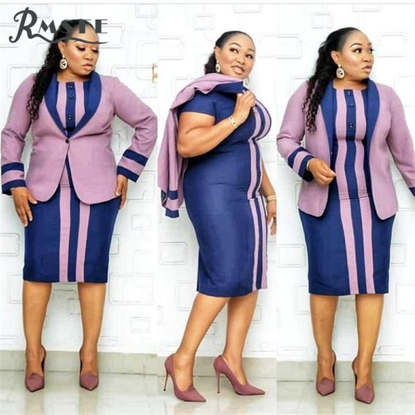 

vazn 2020 new high-end plus size mature daily formal sweet patchwork full sleeve cloth group midi dress slim women 2 piece set, Gray