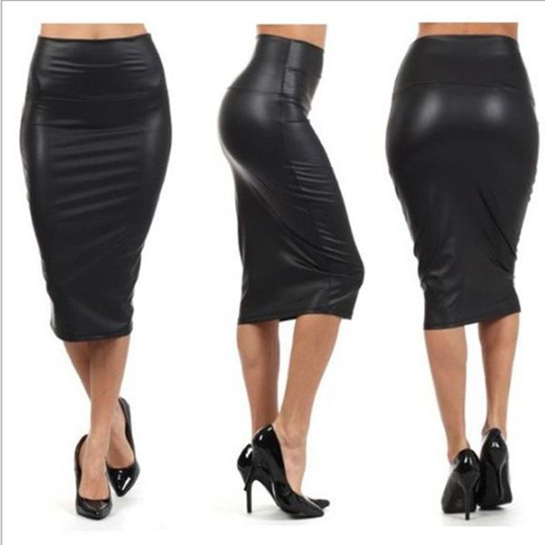 

women high waist faux leather pencil skirt bodycon skirt solid office skirts pencil knee length plus size, Black