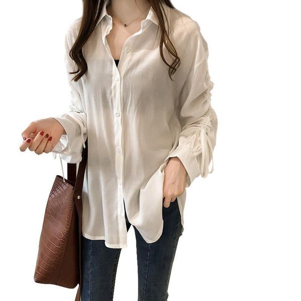 

missky women's blouse spring and summer autumn solid color long-sleeve loose bottoming shirt female new, White
