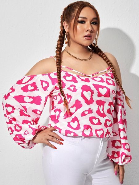 

plus heart print cold shoulder blouse z9oj#, Black