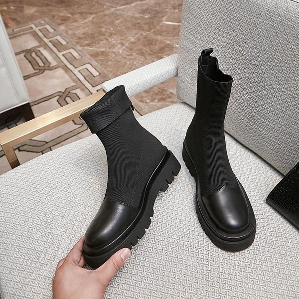 

квадратные heels женщины вязание ботильоны натуральная кожа повседневная обувь офиса женщина зимы новые теплое женщины короткие сапоги, Black