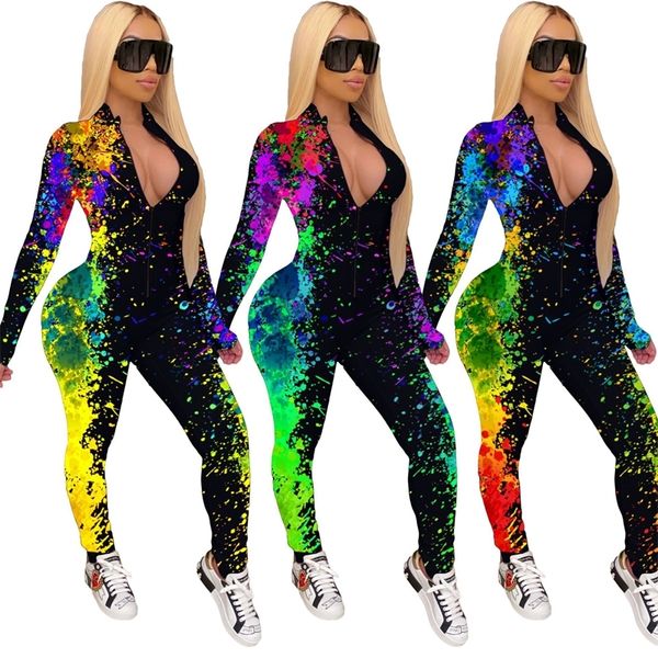 

fashion one piece bodycon jumpsuits printed long sleeve bodysuit plus size fall clothes for women club outfits 201007, Black;white