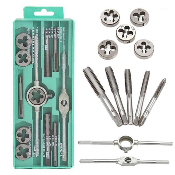 

12pcs tap dies set adjustable metric carbon steel hand screw taps holder thread gauge wrench tool for car repair1