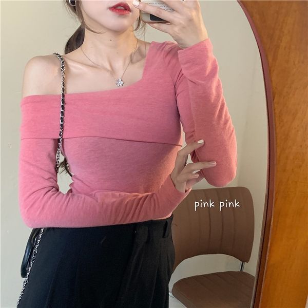 

2020 осень новой корейской версии индивидуальный цвет футболки т-shirtversatilesimple утечки temperamenthalf плеча рукав с длинным рукавом t, White