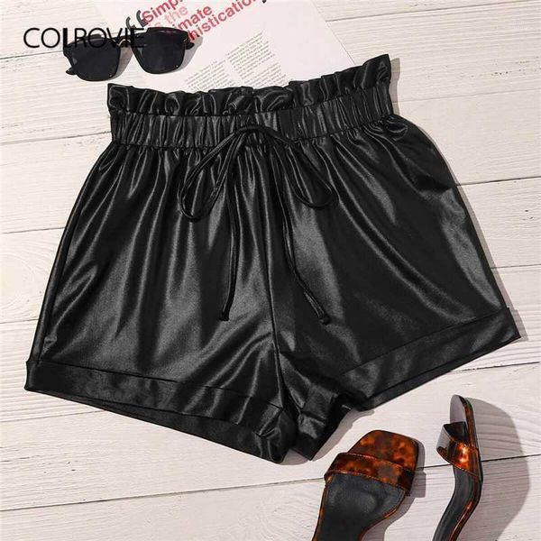 

colrovie black tie waist frill trim roll up hem leather look shorts women summer wide leg elastic waist solid glamorous shorts1, White;black