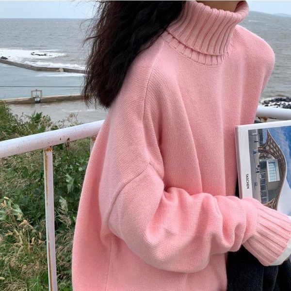 

women's sweaters women 2021 autumn winter solid color turtleneck female loose pullover thick warm ladies knitted sweater d638, White;black