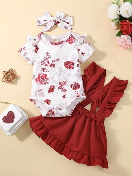 

baby floral print ruffle trim bodysuit & overall skirt & headband she, White