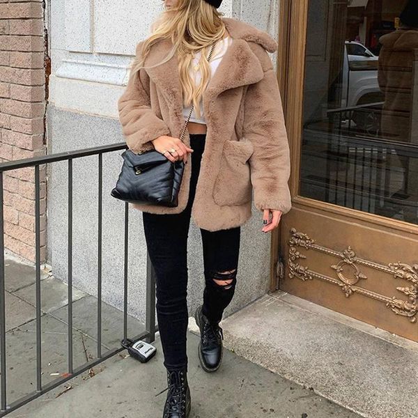 

женская мода сплошной цвет плюшевой мягкой куртки повседневная отворота теплый средний длиной меховой куртки верблюда, Black