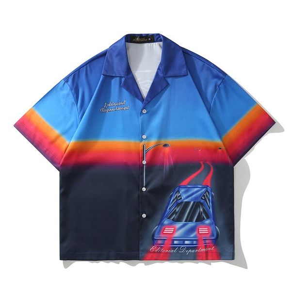 

men's casual shirts high street gradient color block summer men and women short sleeve oversize hawaii shirt loose hip hop, White;black