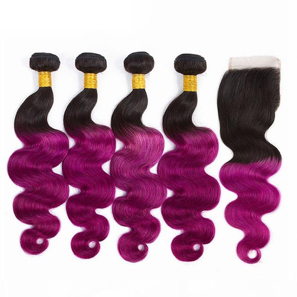 

10-26inch 130% density ombre t1b purple color body wave straight 100% human hair bundle remy hair with 4*4 closure swiss lace heat resistant, Black